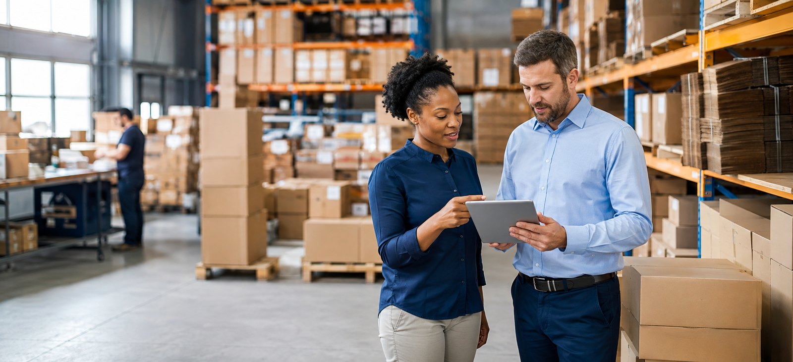 Wholesale partners reviewing inventory in an organized distribution warehouse