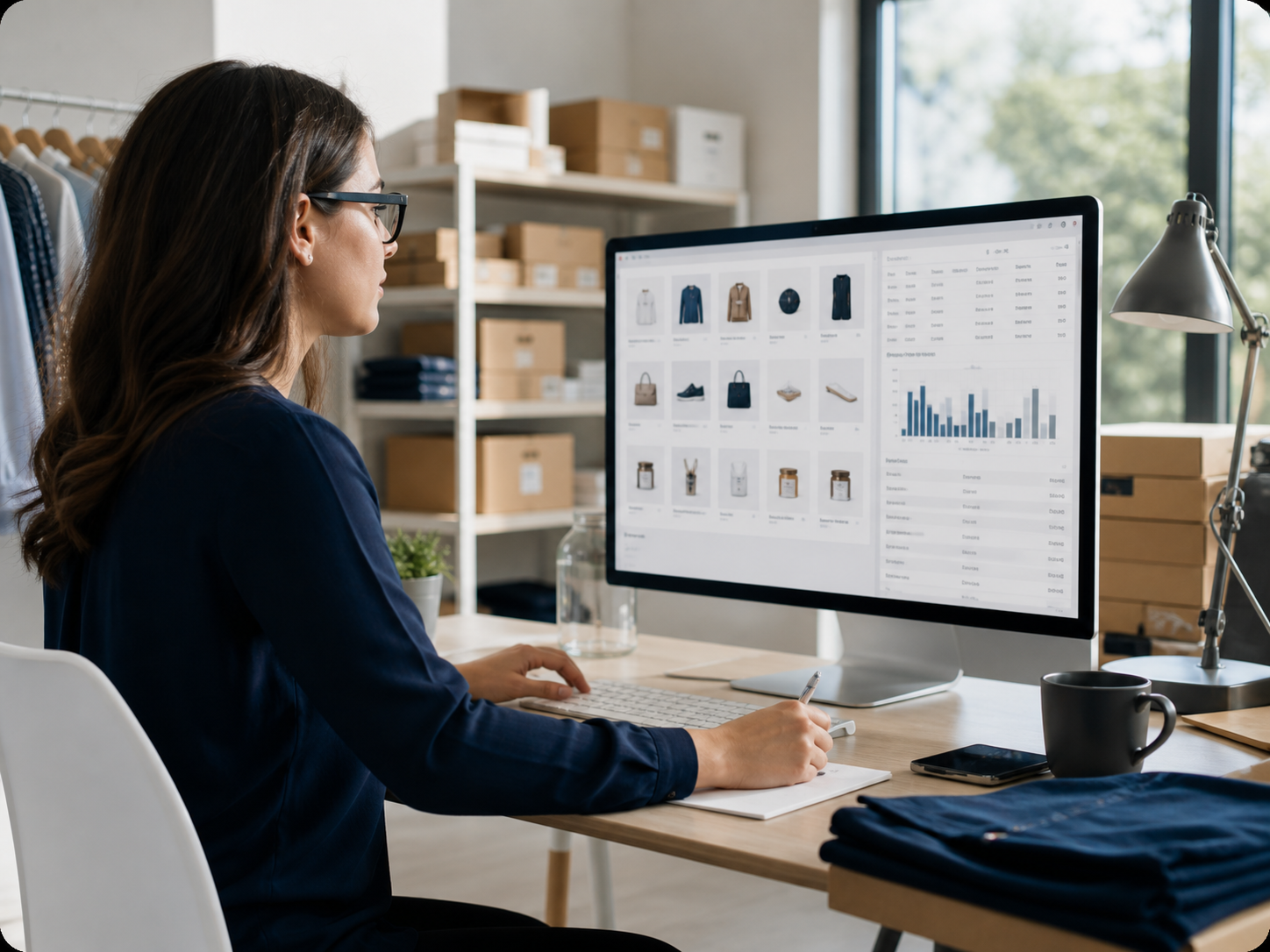 Gerente administrando un catálogo de productos y operaciones de venta en línea.
