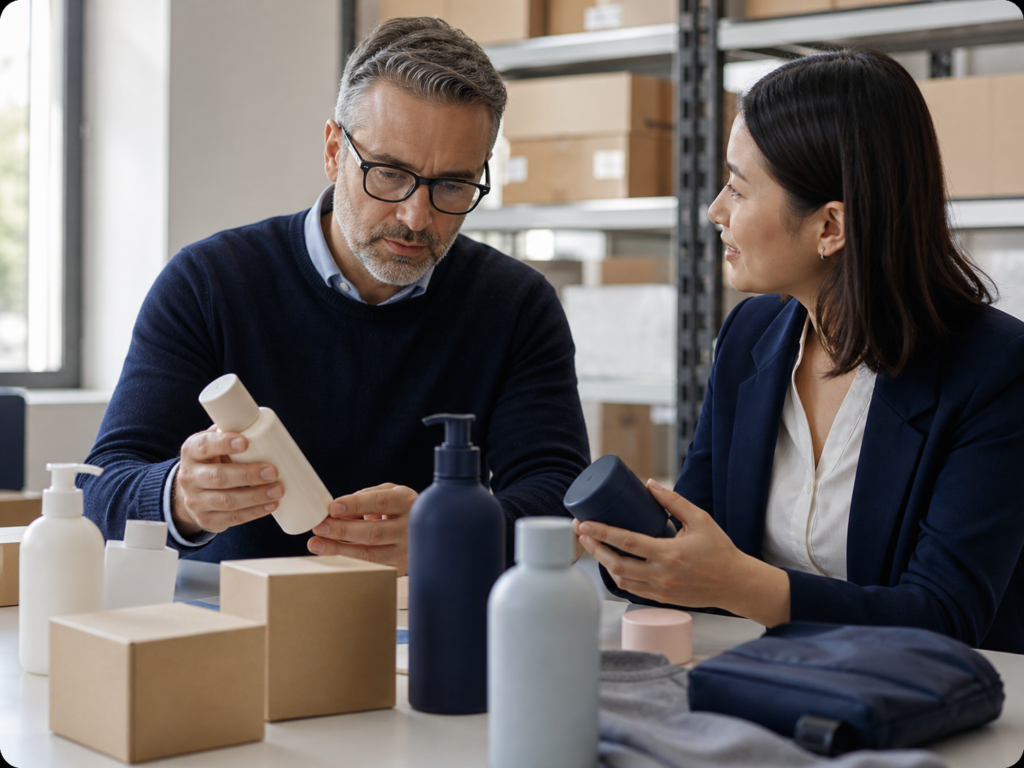 Comprador revisando productos con un proveedor para una relación mayorista.