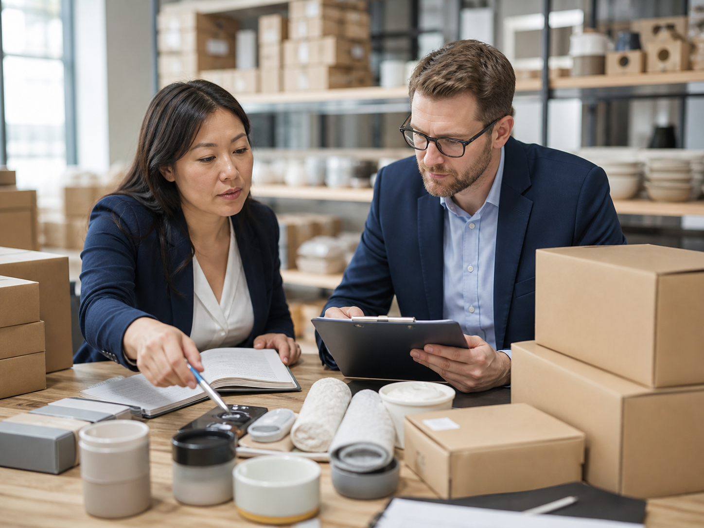 Compradores revisando muestras de productos y cantidades para compras mayoristas.